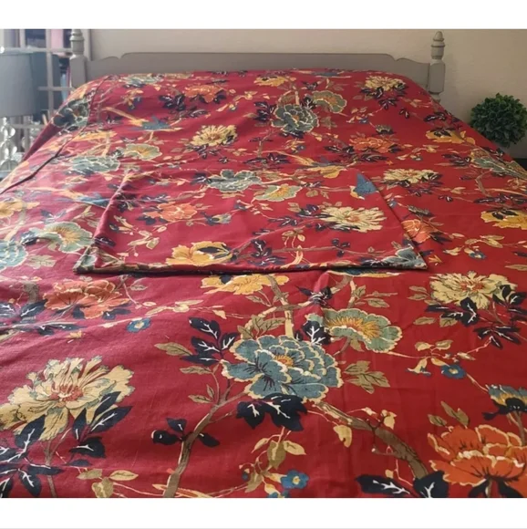Pottery Barn Red Floral Linen Blend Brighton King Duvet Cover Square Sham Set - Picture 1 of 6